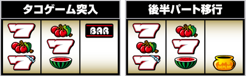 スマスロ タコスロ 右リール上段にBAR停止でタコゲーム突入、下段にリプレイ停止で後半パート(JACボーナス)へ