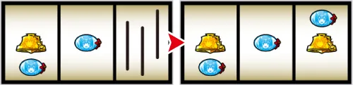 Lパチスロ うみねこのなく頃に2 運命分岐モード中の停止形:回避ナビに従ってフリー打ちすると斜めリプレイが揃う